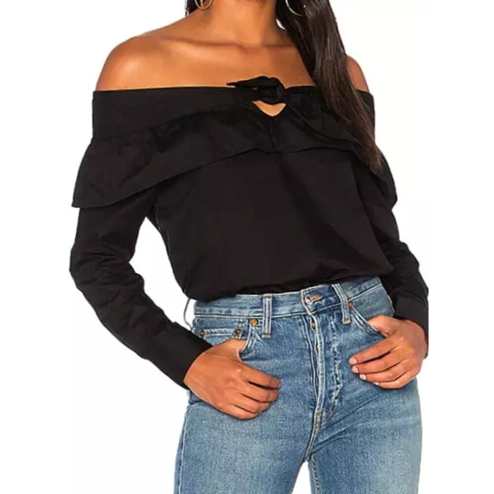 Black Off Shoulder Ruffle Tie Front Long Sleeve Blouse Shirt Top Size Small